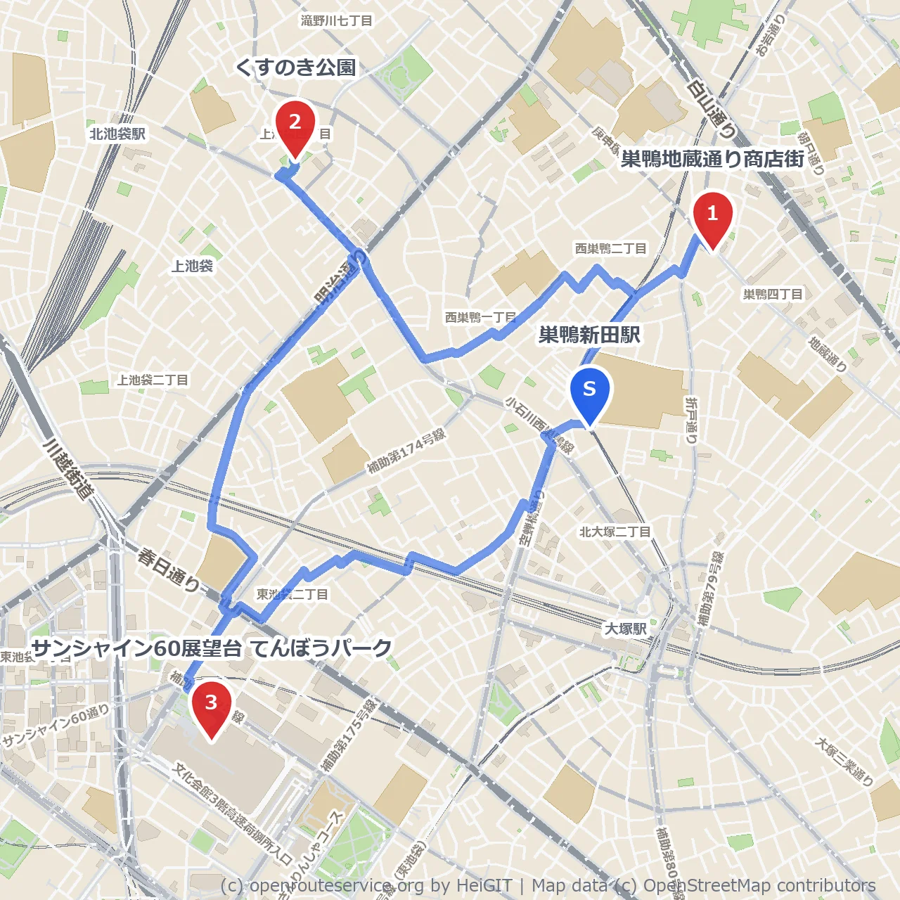 巣鴨地蔵通りから公園越しに見るサンシャイン60 のコースマップ