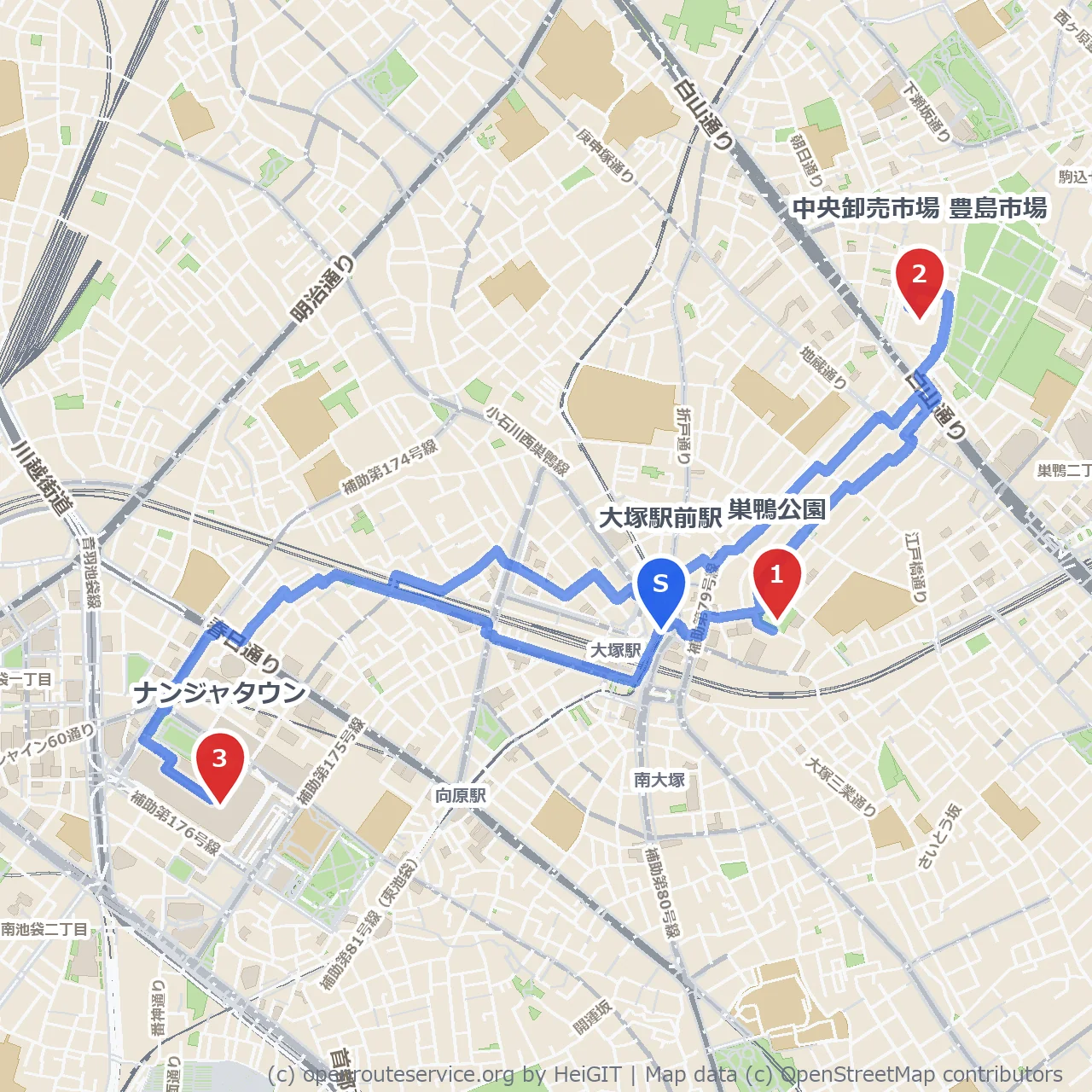 巣鴨公園と豊島市場で味わう街歩きコース のコースマップ