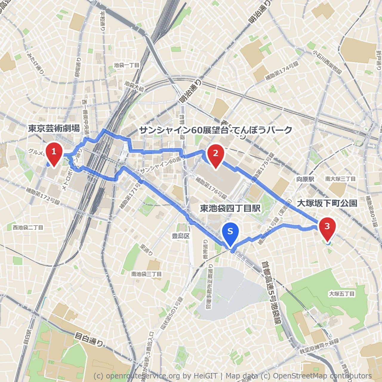 東京芸術劇場とサンシャイン60展望台の街歩き のコースマップ