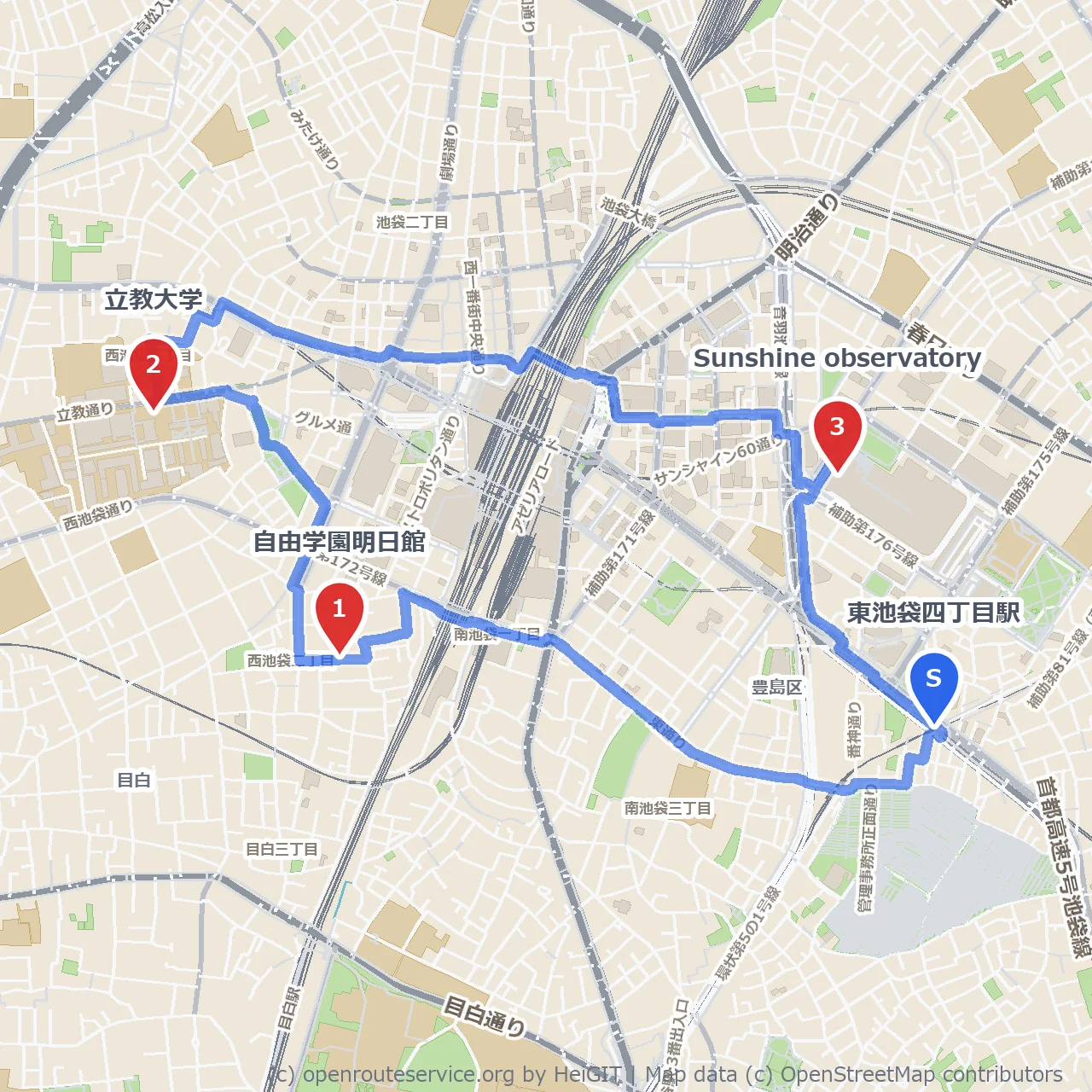 自由学園明日館と立教大学を巡る文化散歩道 のコースマップ