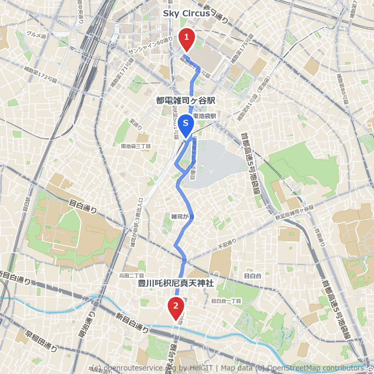 サンシャインの空を望む豊川吒枳尼散歩道 のコースマップ