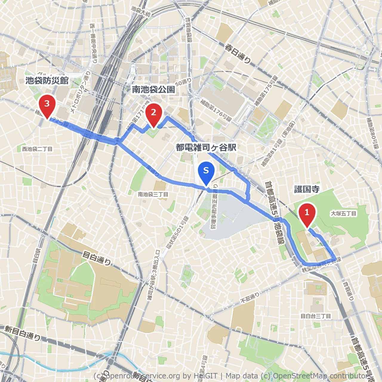 護国寺と南池袋公園癒しの自然散策コース のコースマップ