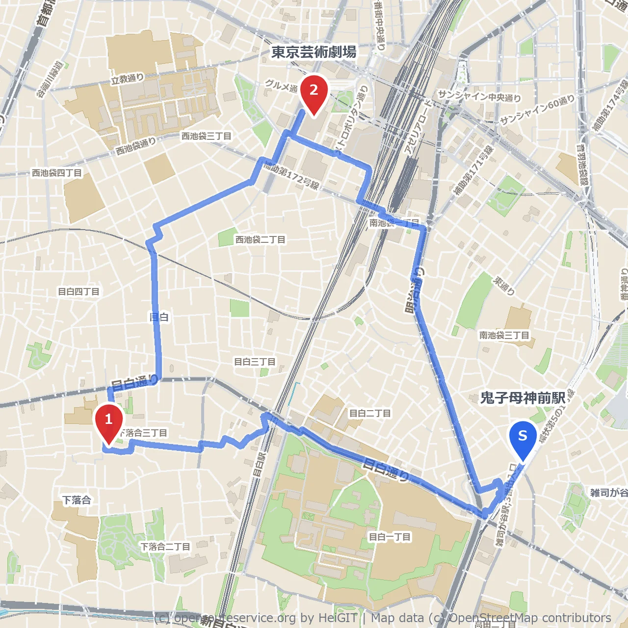 新宿中村彝アトリエから芸術劇場の散策路 のコースマップ