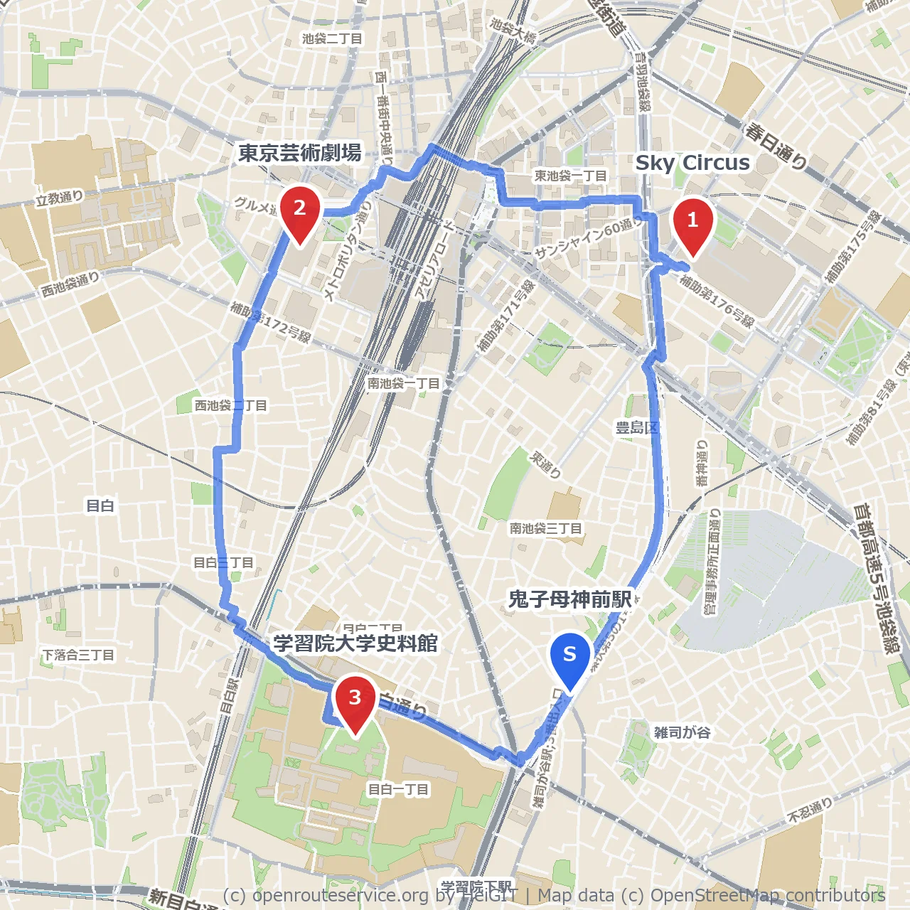 Sky Circus展望と学習院史料館を巡る散歩 のコースマップ