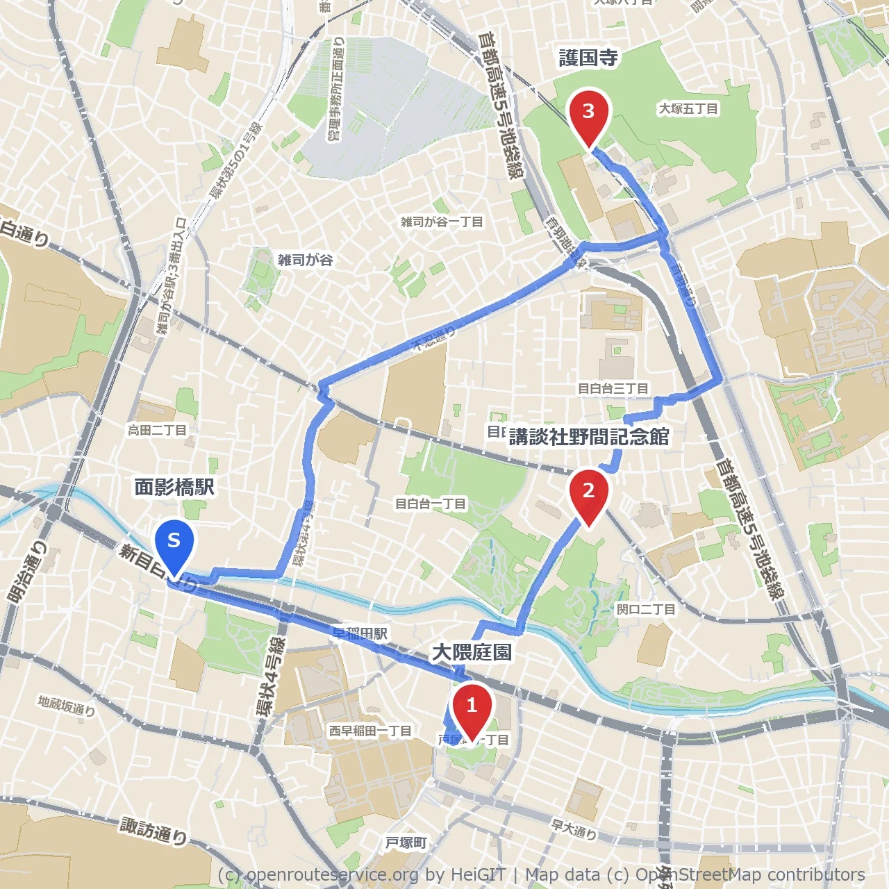 大隈庭園から護国寺へ、面影橋界隈の静かな庭園散策路 のコースマップ