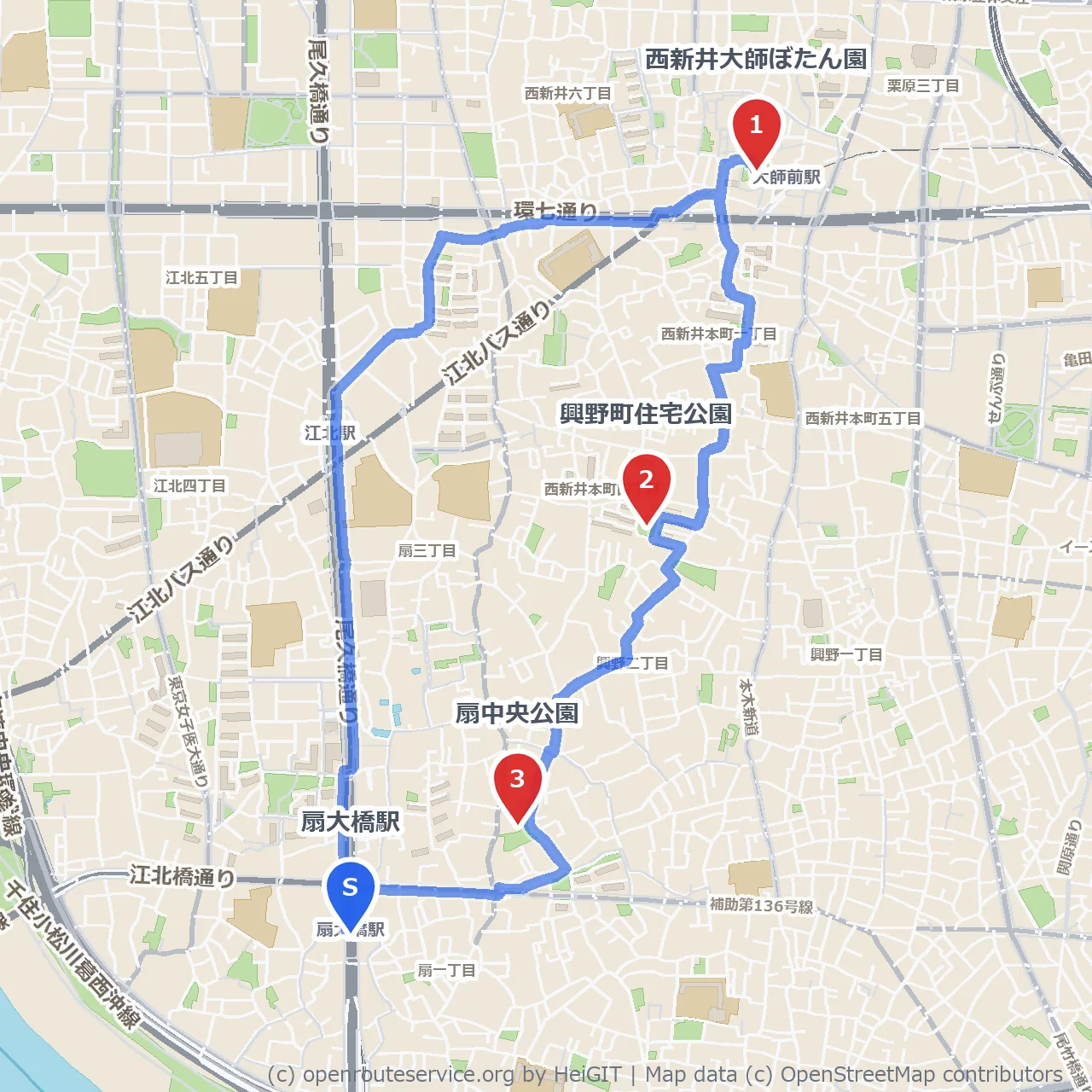 西新井大師ぼたん園と扇中央公園の穏やかな散歩道 のコースマップ