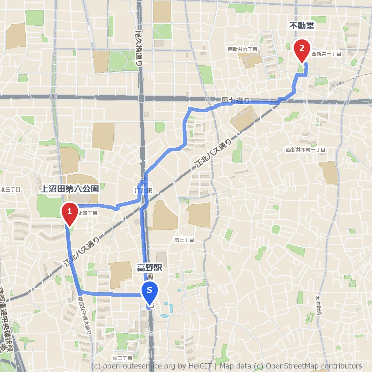 上沼田第六公園と不動堂の静かな散策路 のコースマップ