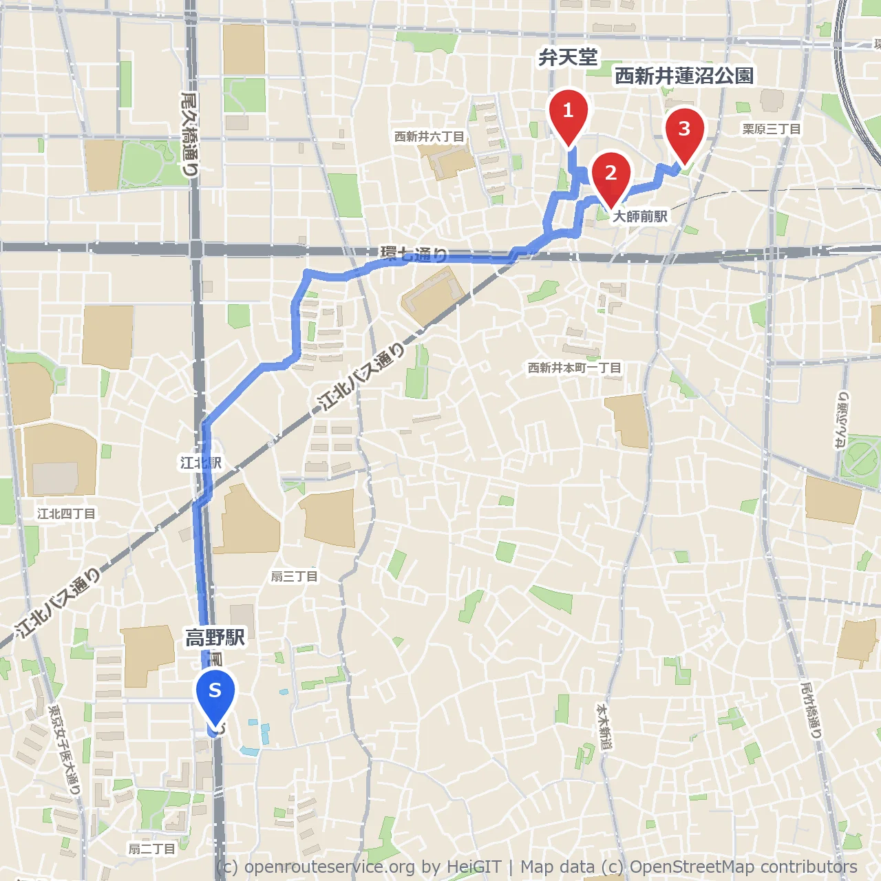 弁天堂からぼたん園、西新井蓮沼公園まで歩く旅 のコースマップ