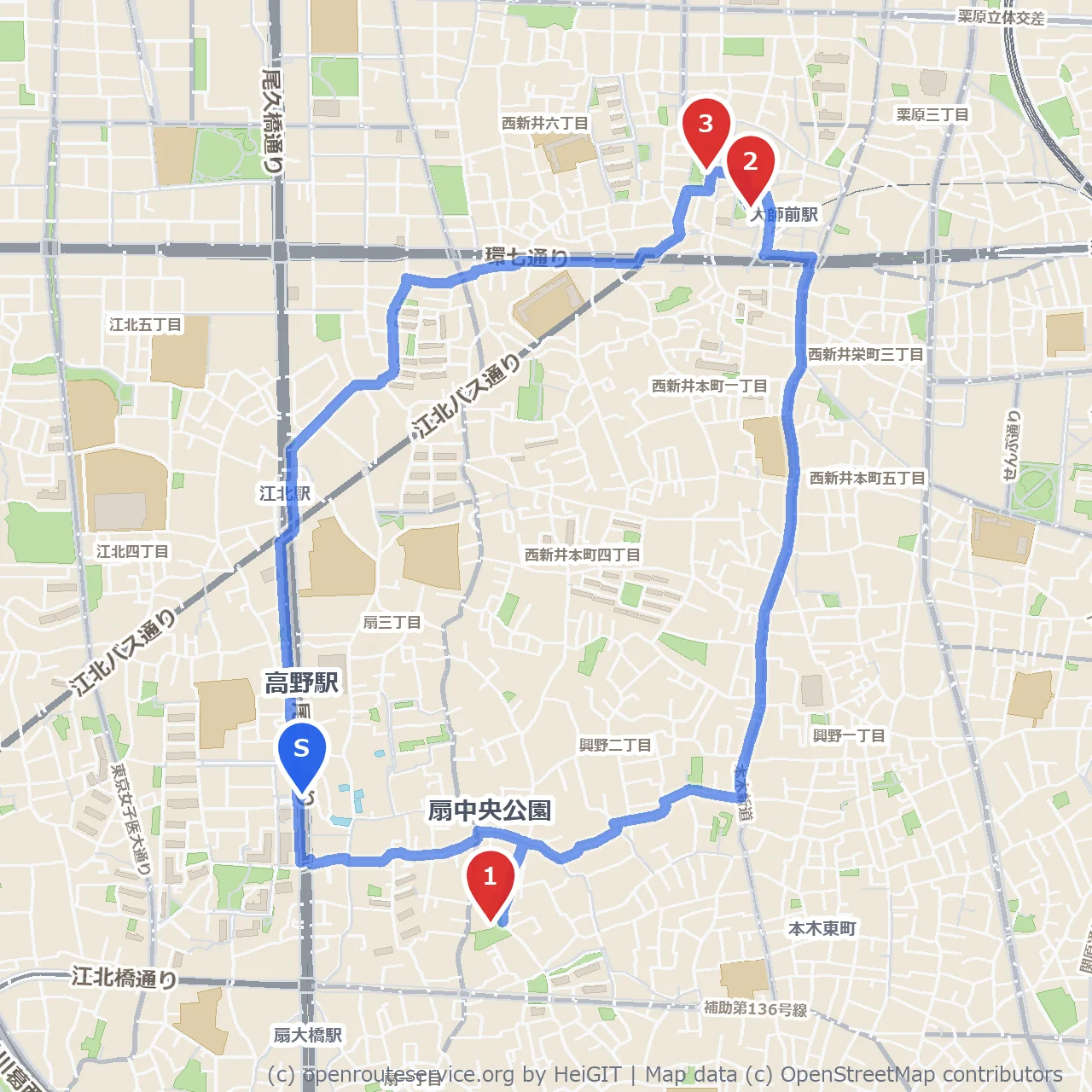 扇中央公園と西新井大師ぼたん園をめぐる緑の散歩路 のコースマップ