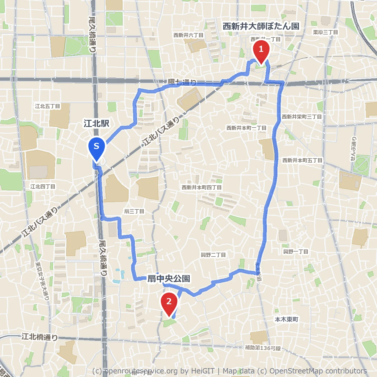 西新井大師ぼたん園から扇中央公園の自然散策路 のコースマップ