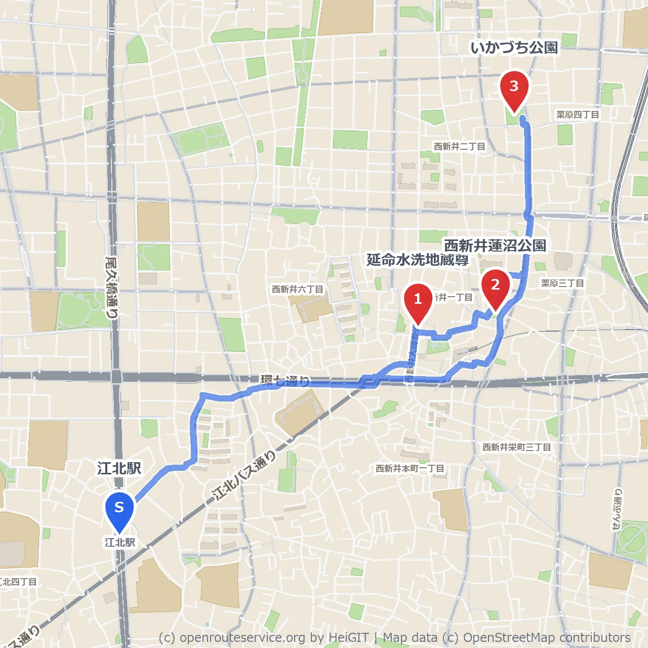 延命水洗地蔵尊と蓮沼・いかづち公園をつなぐ散歩道 のコースマップ