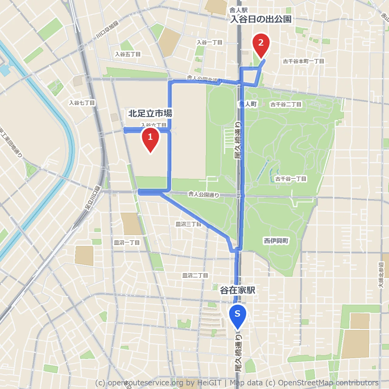 北足立市場と入谷日の出公園でほっと一息の散歩 のコースマップ