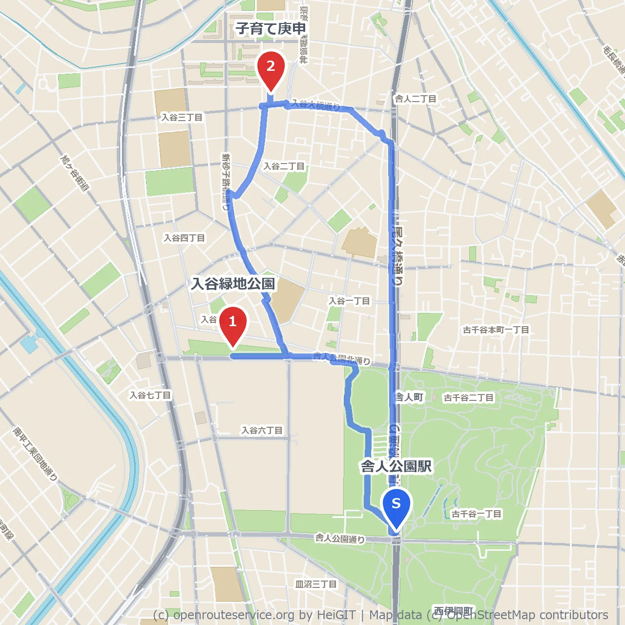 入谷緑地公園と子育て庚申の静かな散策路 のコースマップ