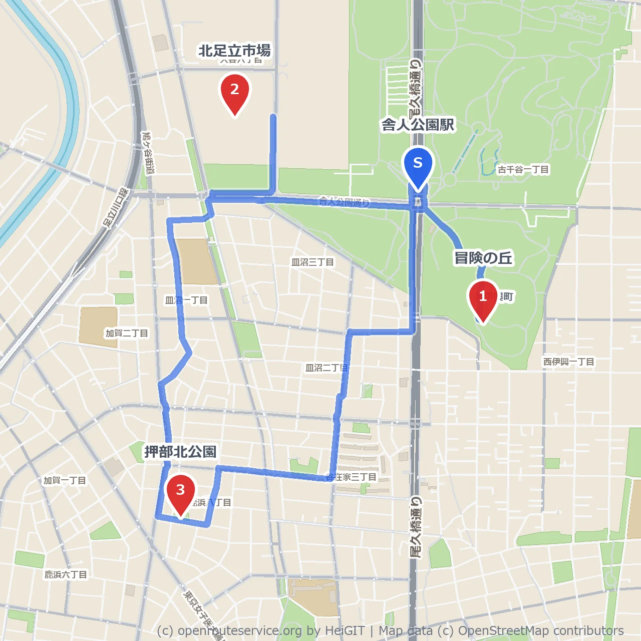 冒険の丘と市場を結ぶ押部北公園周遊コース のコースマップ