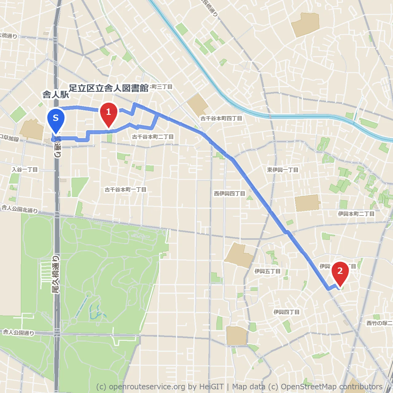 舎人図書館から伊興町前沼遊園への静かな散策路 のコースマップ