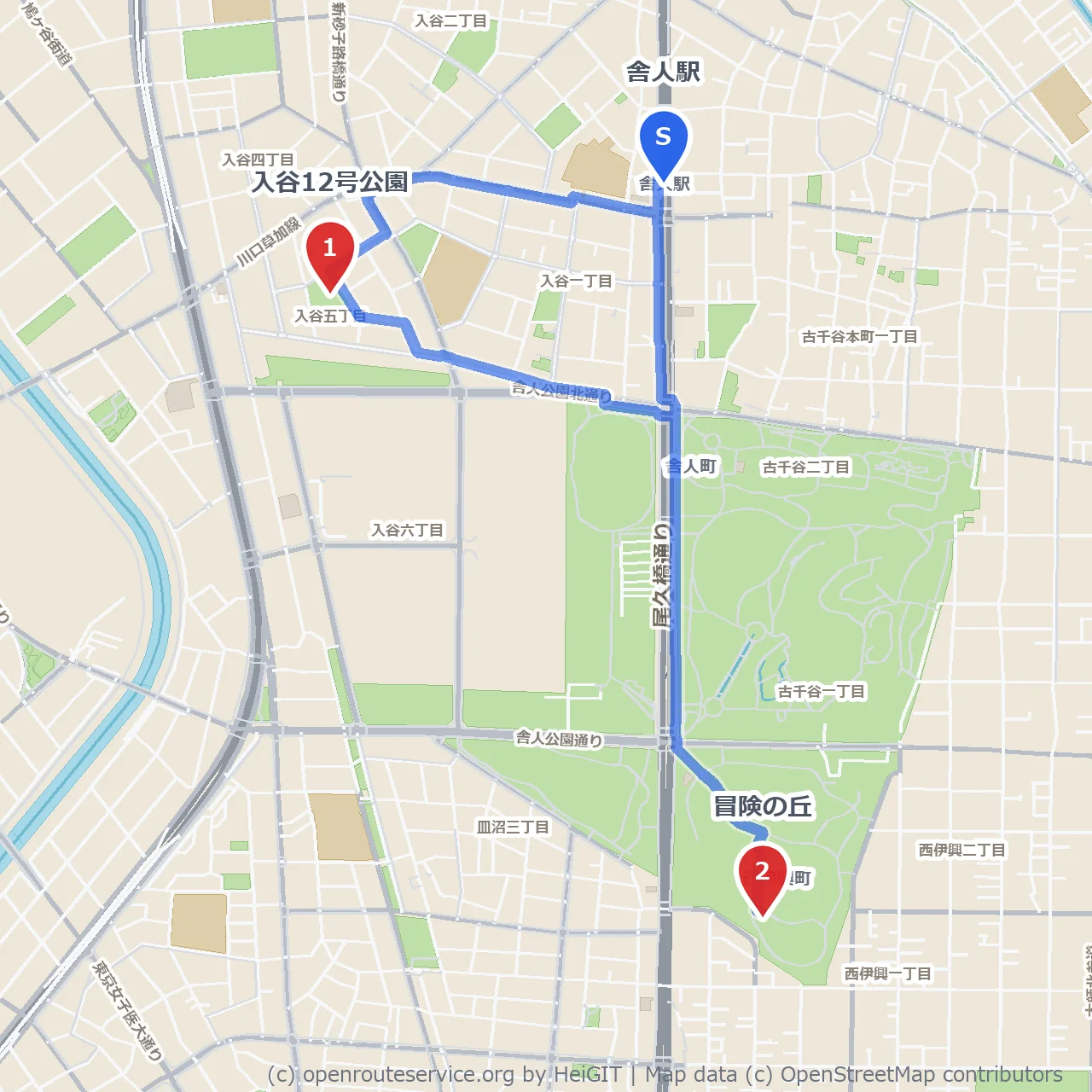 入谷12号公園と冒険の丘を歩く自然探訪コース のコースマップ
