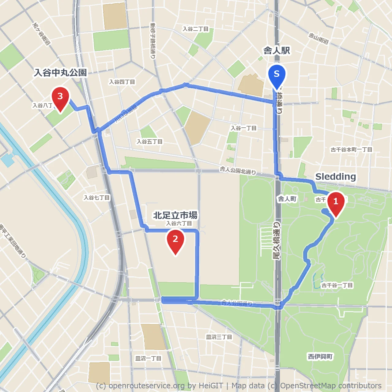 北足立市場と入谷中丸公園をめぐる地域散歩路 のコースマップ