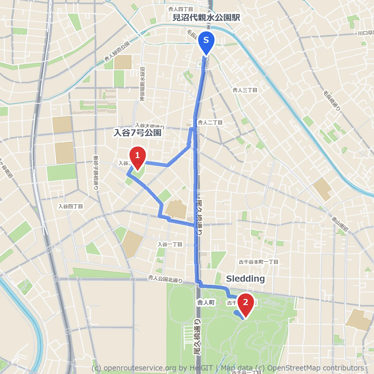 入谷7号公園と人気スポットSledding散策 のコースマップ