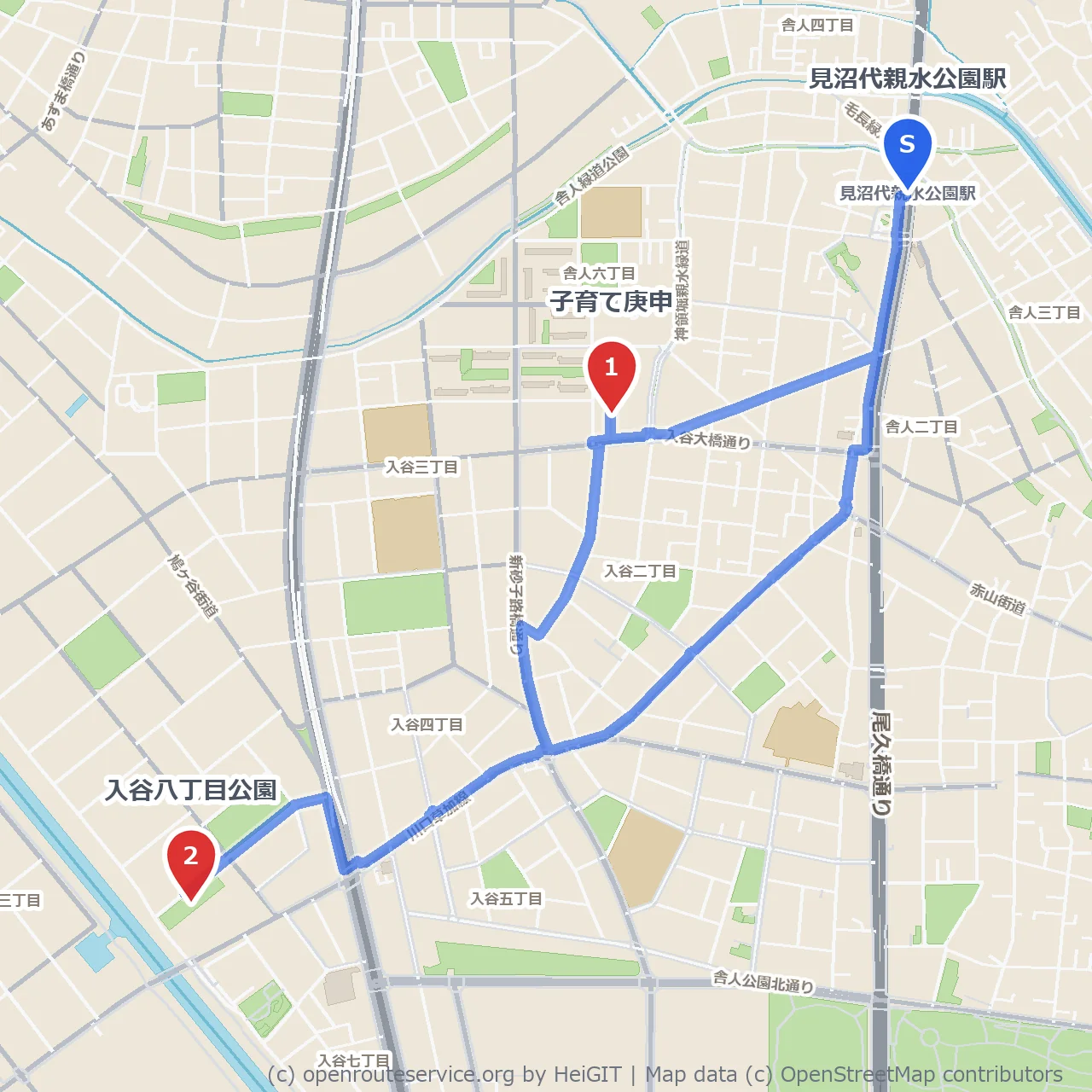 子育て庚申の祈りと入谷八丁目公園の緑路 のコースマップ