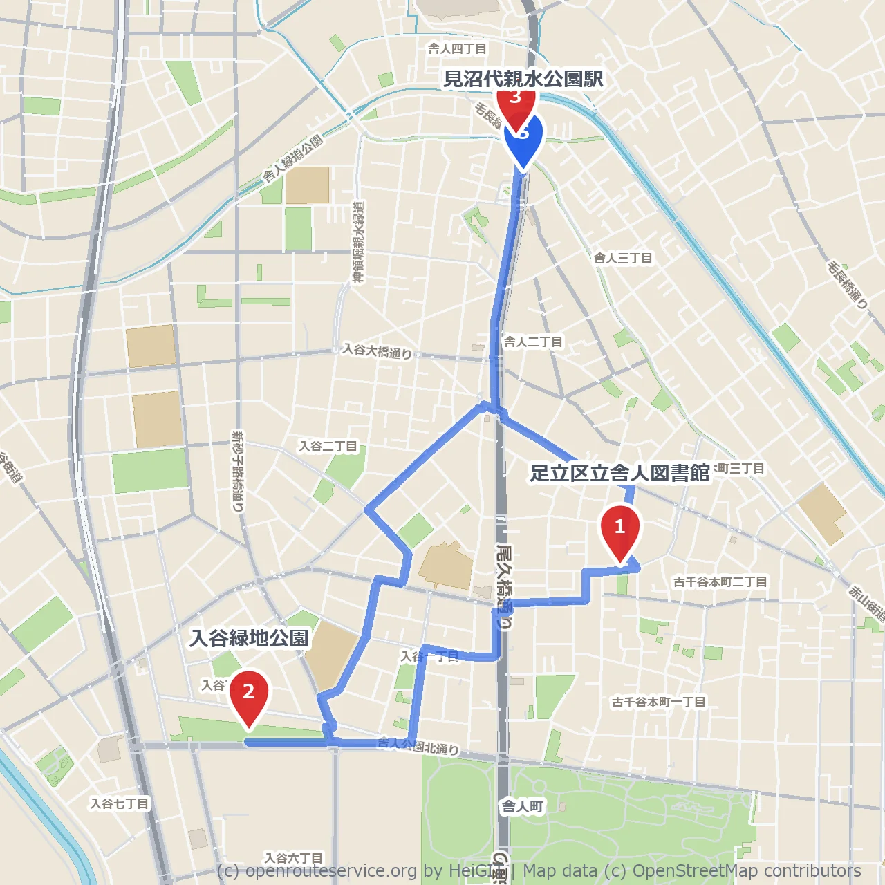 足立区立舎人図書館から緑地公園と二ツ橋巡り のコースマップ
