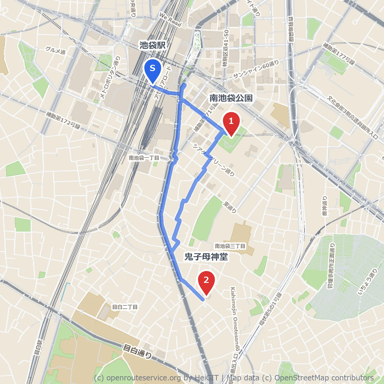 池袋駅近くで味わう緑と歴史の小径散歩 のコースマップ