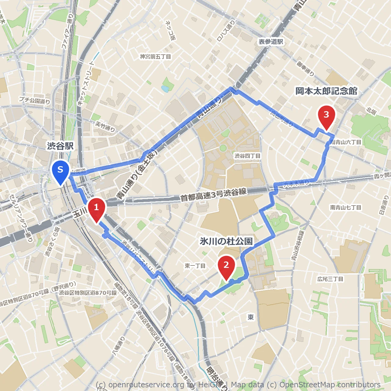 渋谷ストリームを通る自然と芸術の散歩道 のコースマップ