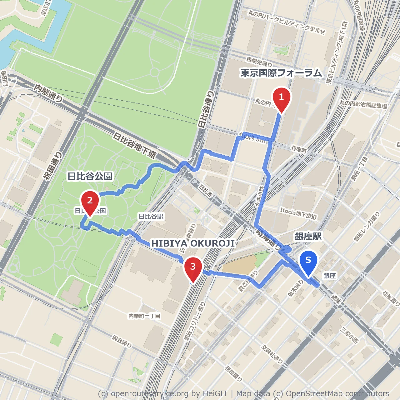 銀座から有楽町、日比谷方面を散歩しよう のコースマップ