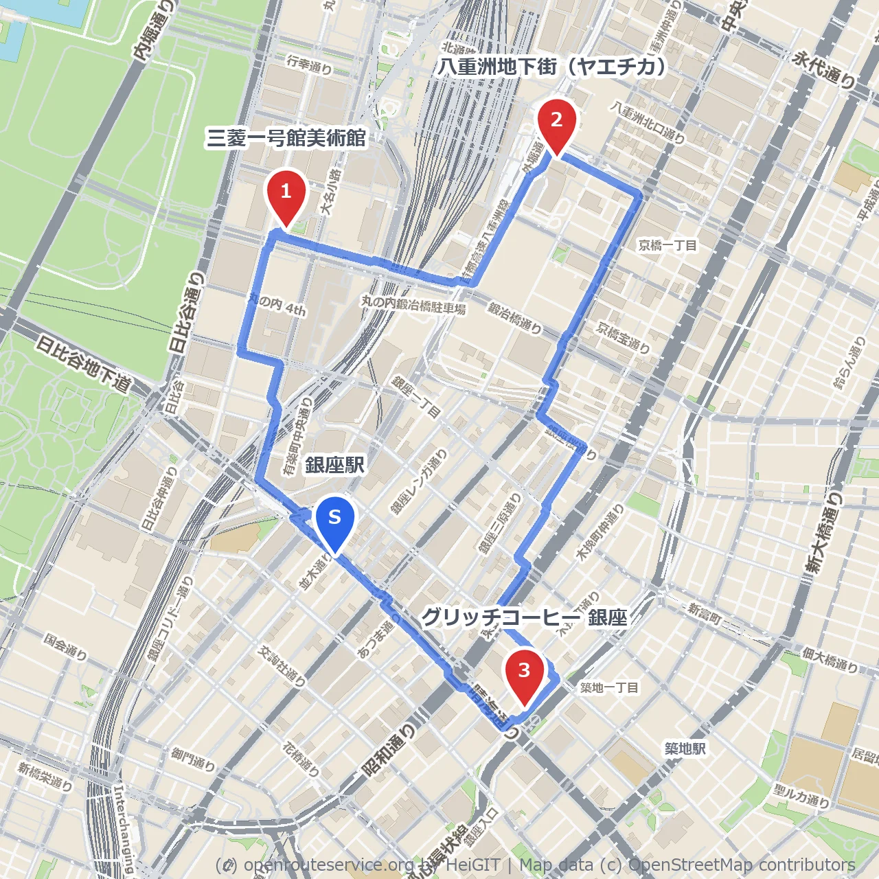 銀座から東京駅方面に歩いてみよう のコースマップ