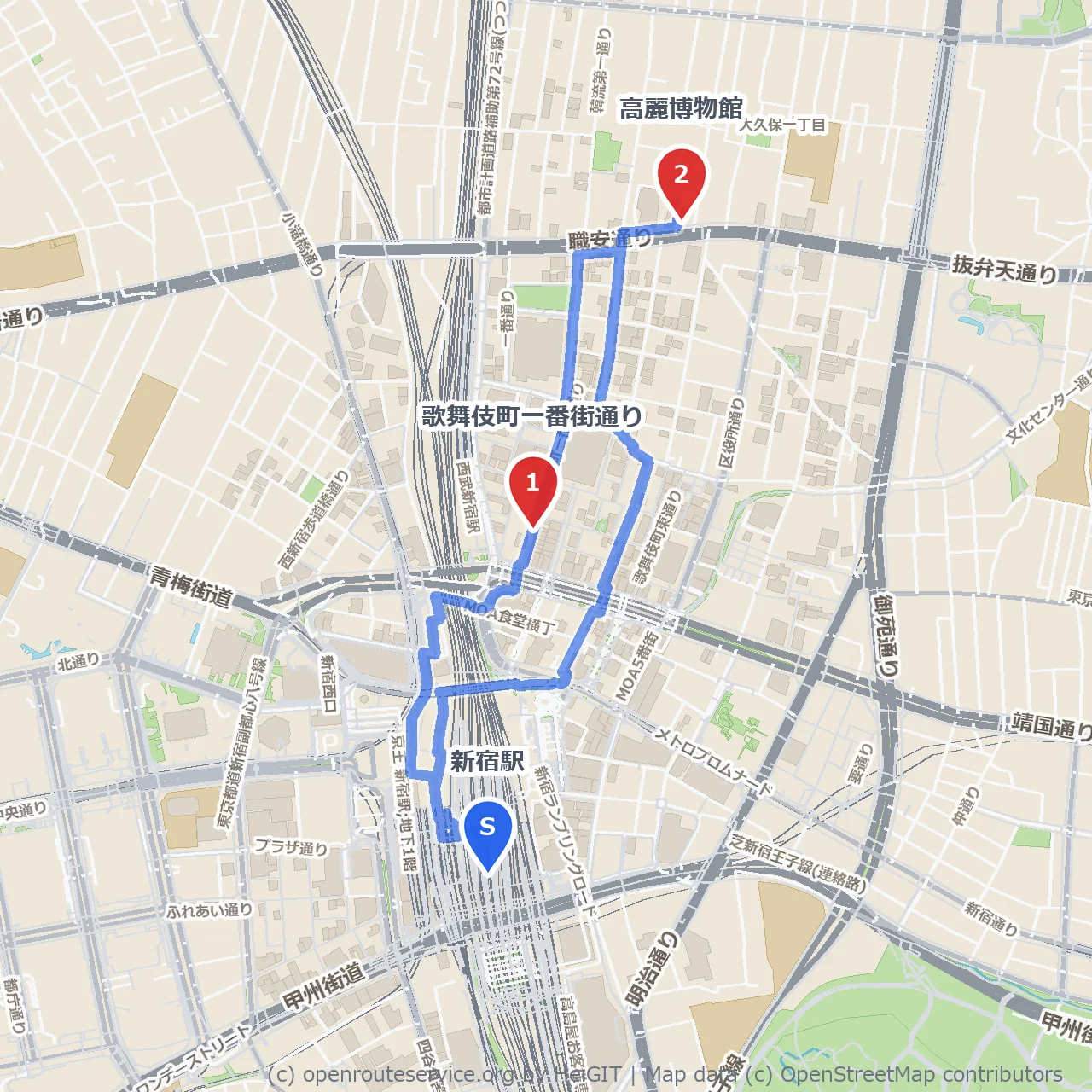 新宿駅から歌舞伎町を通って新大久保方面へ のコースマップ