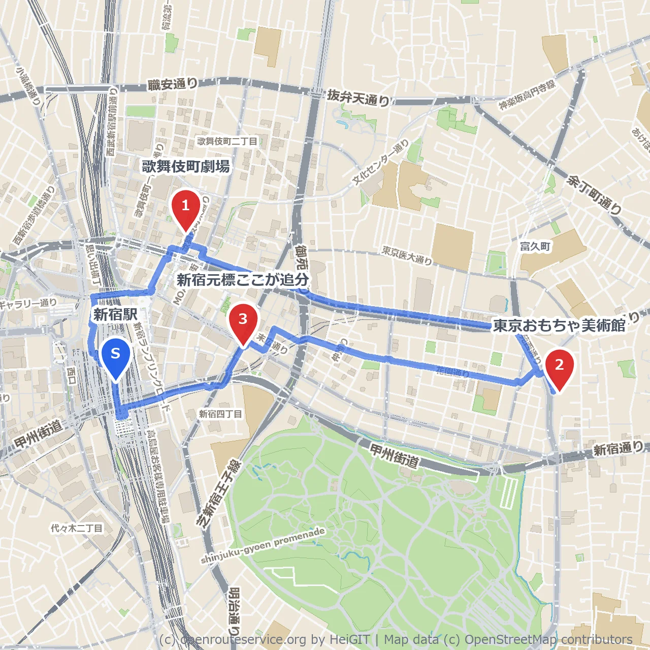 新宿の賑わいと昭和レトロが交差する散歩 のコースマップ