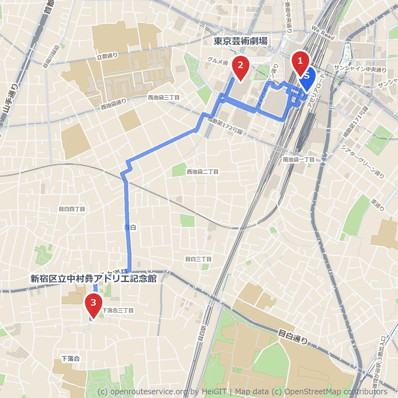池袋駅発、ショッピングとアートを楽しむ散歩 のコースマップ