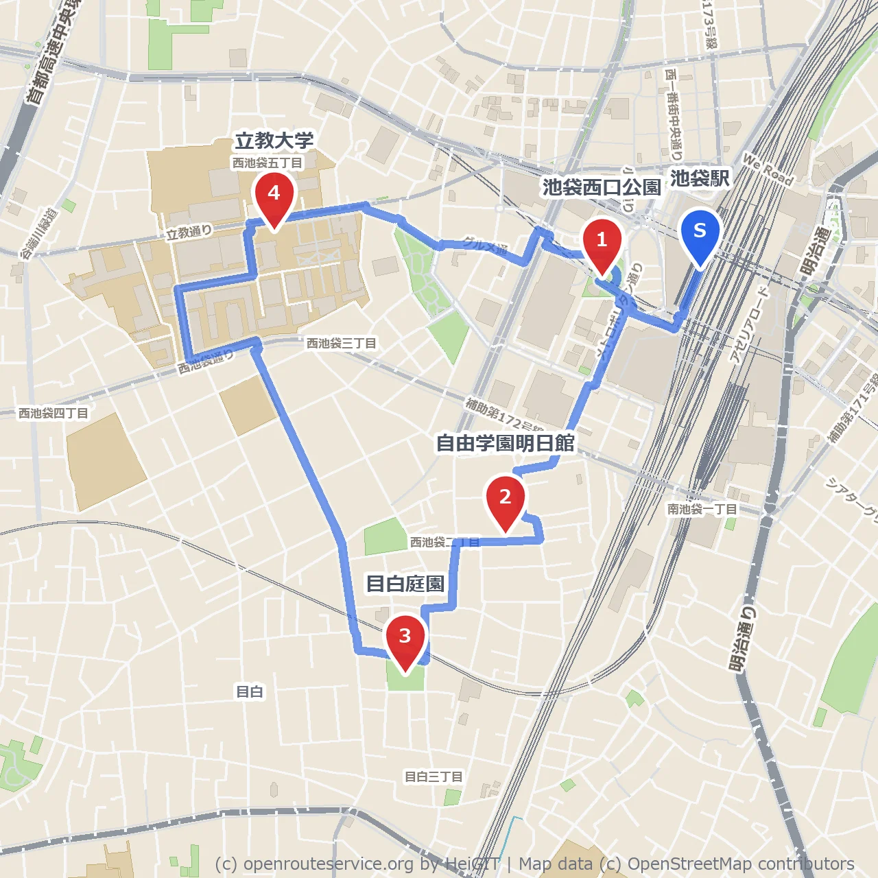 池袋西口の定番スポットを周遊しよう のコースマップ