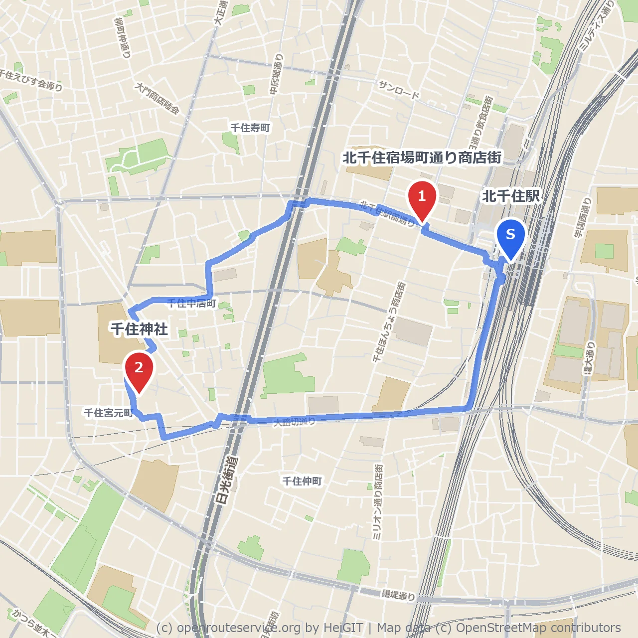 北千住の歴史を感じる散歩路 のコースマップ