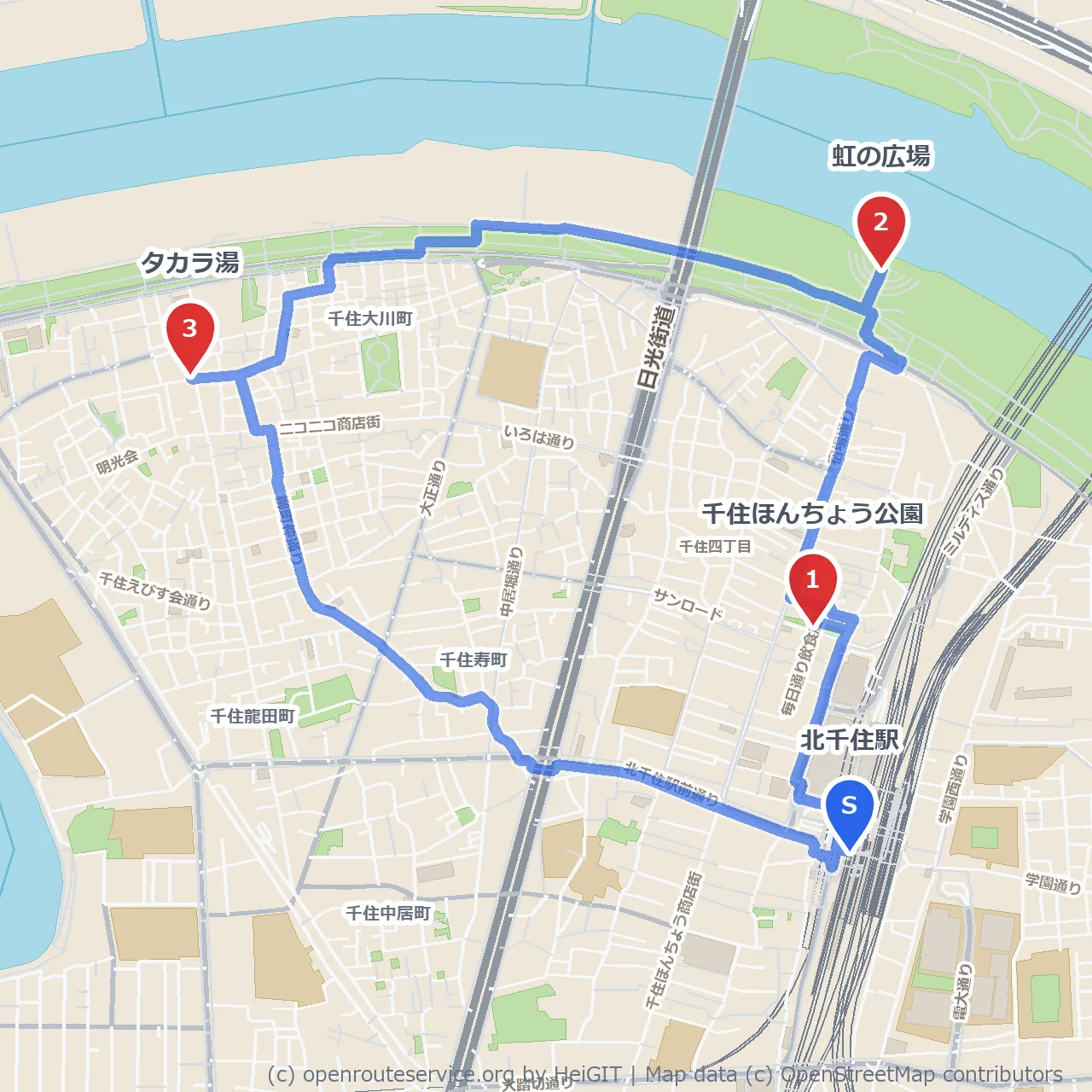 北千住の人気スポットを歩く散策路 のコースマップ