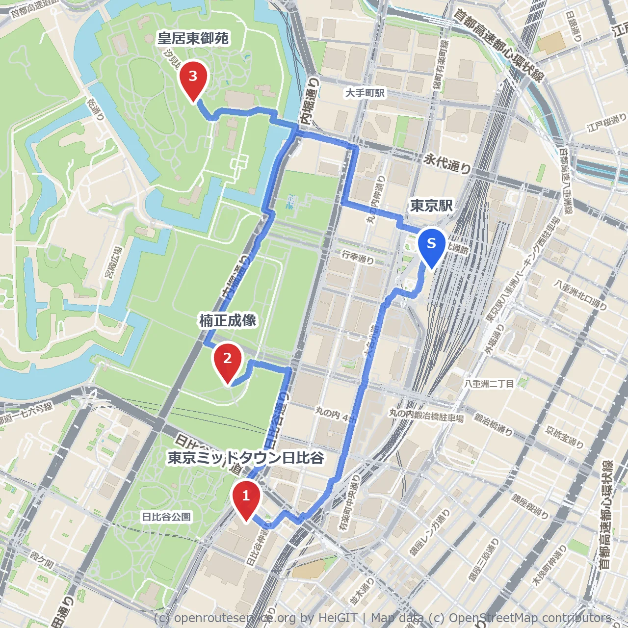 東京ミッドタウン日比谷から皇居へ都会の風景散策 のコースマップ