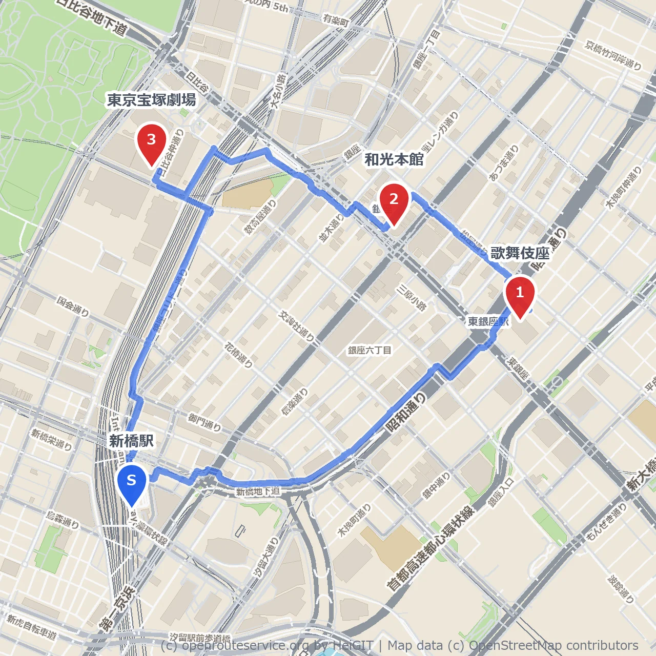 新橋から銀座、日比谷の有名建築を巡る のコースマップ