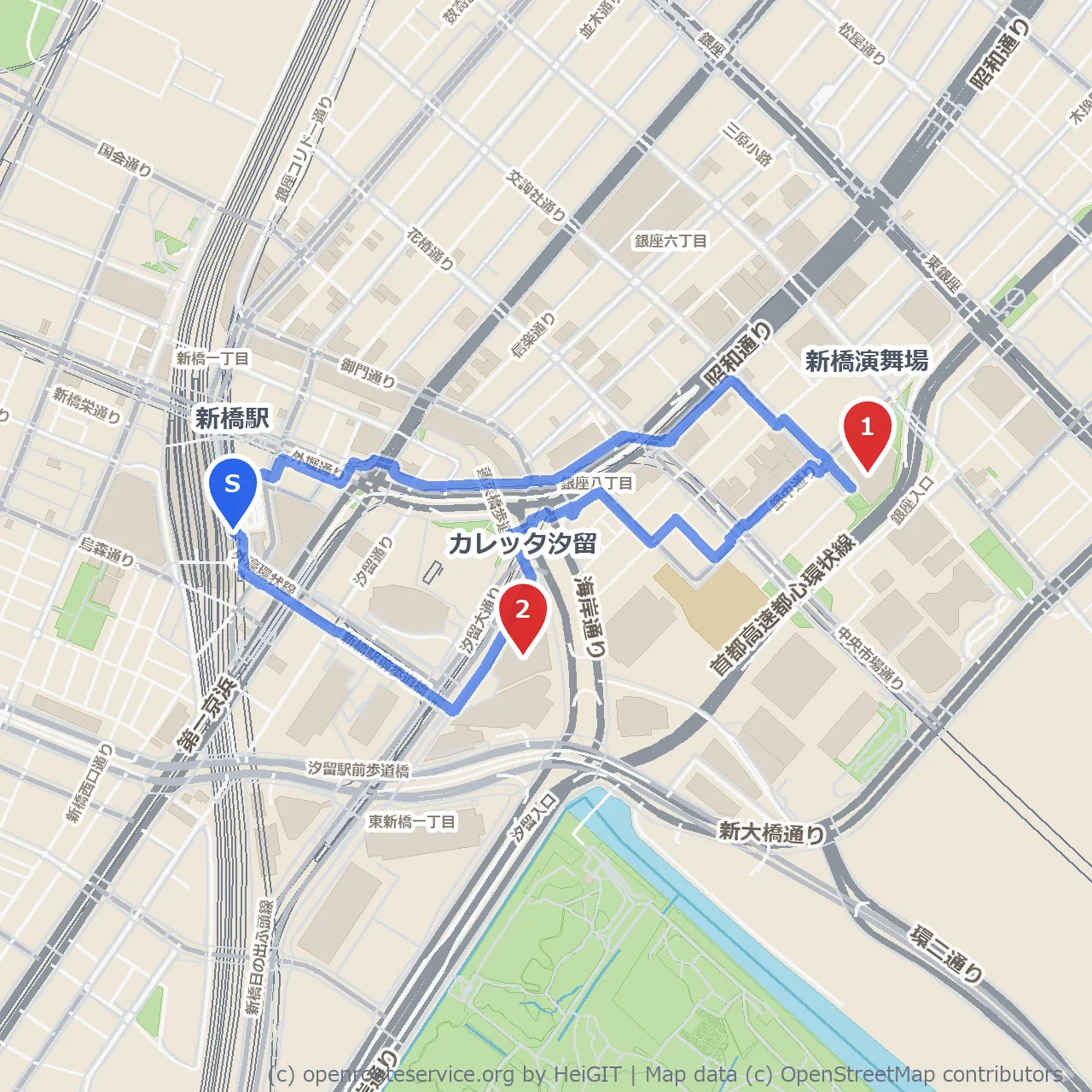 新橋から汐留方面へ歩く のコースマップ