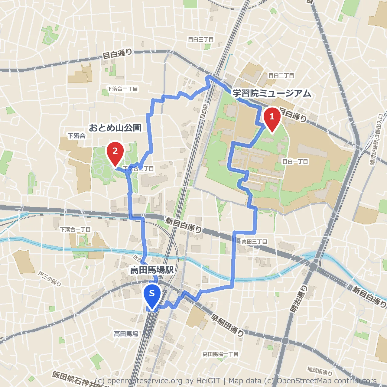 高田馬場の緑と芸術を巡る散策 のコースマップ