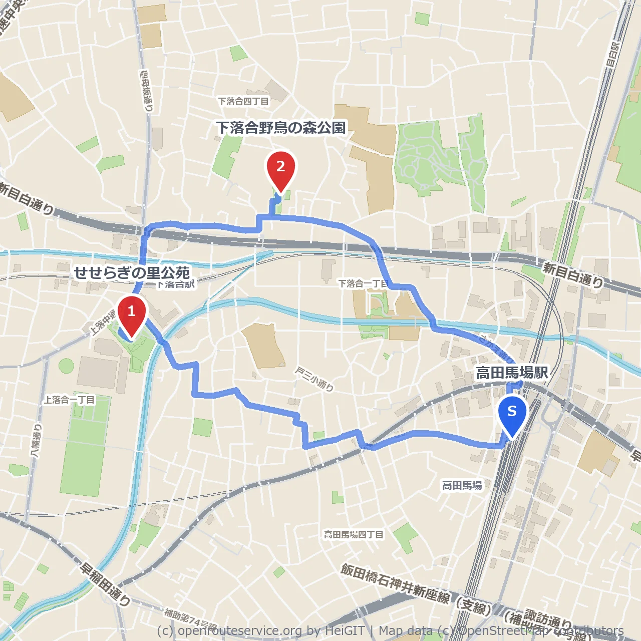 高田馬場の自然探訪コース のコースマップ