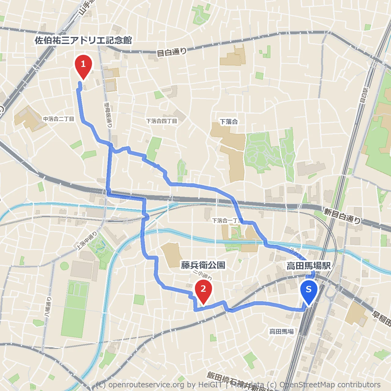 高田馬場から佐伯祐三アトリエ記念館に行ってみよう のコースマップ
