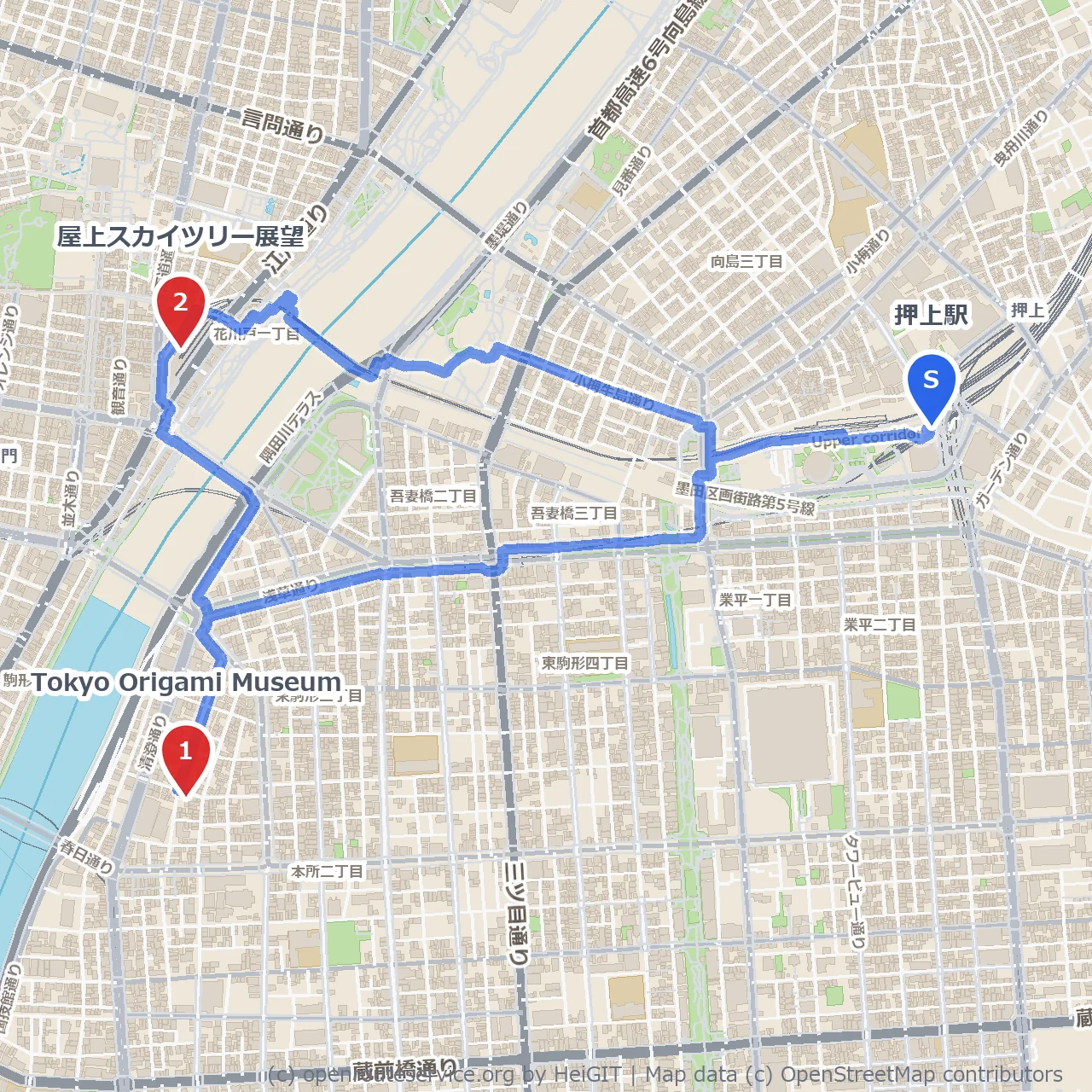 折り紙芸術と東京スカイツリーの絶景散歩 のコースマップ