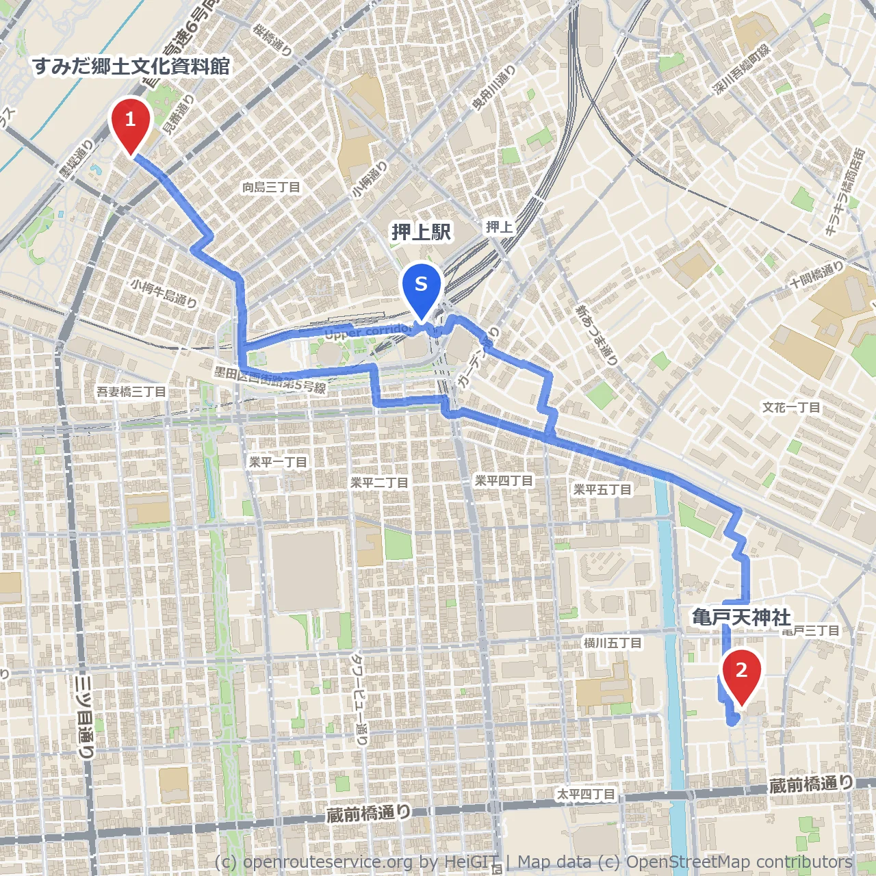 押上から亀戸へ、歴史香る街並み散策路 のコースマップ