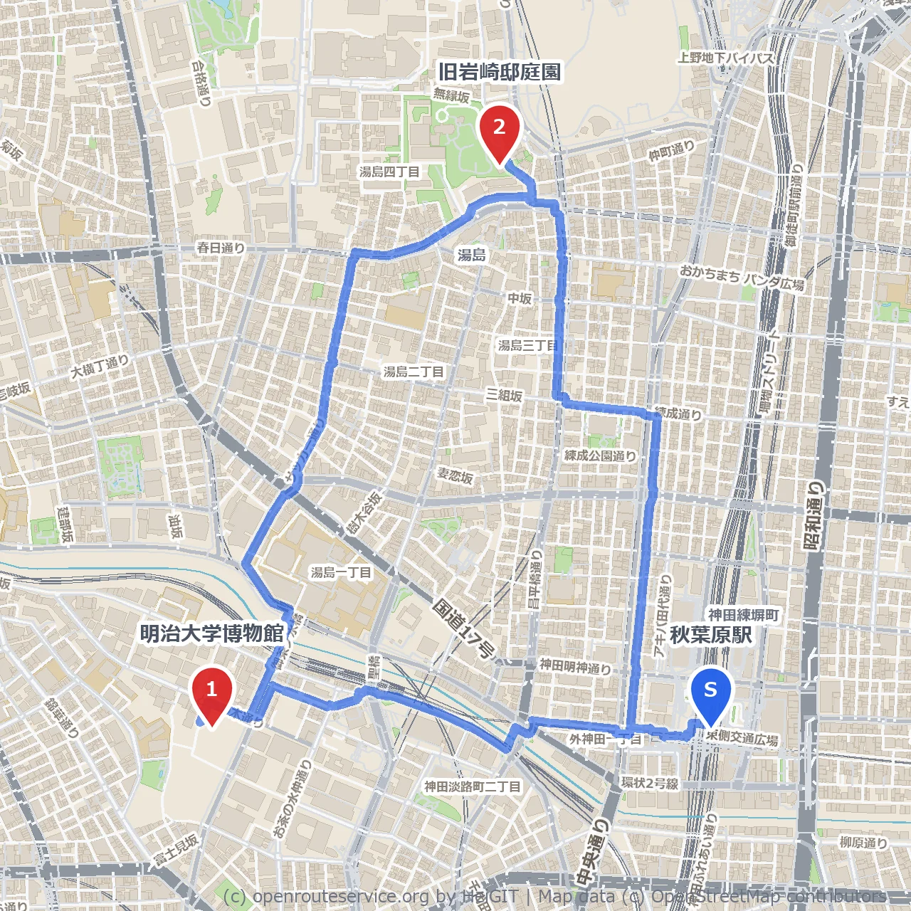 秋葉原から歩く歴史と学びの静かな散策路 のコースマップ