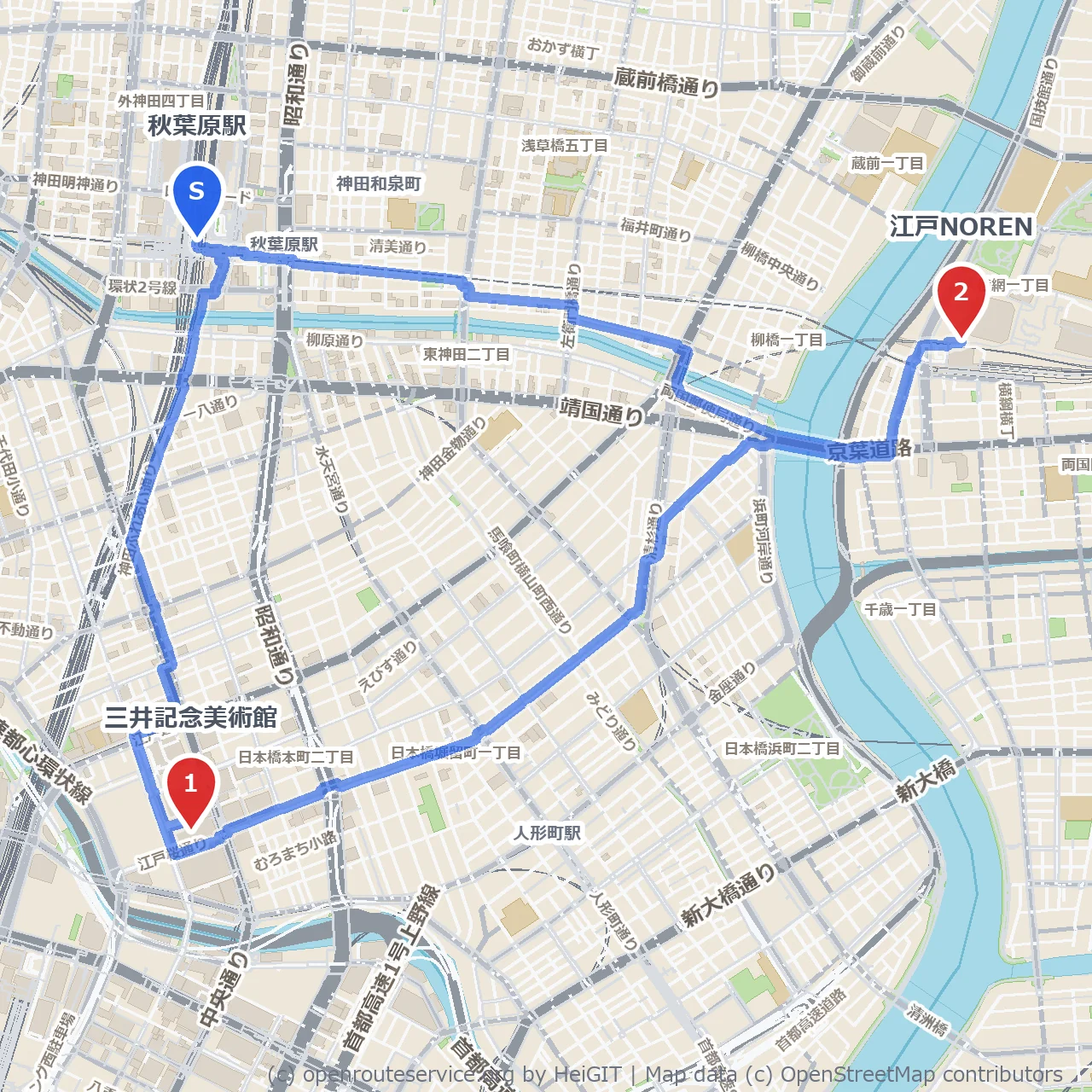 秋葉原から神田方面へ芸術と文化を感じる散歩道 のコースマップ