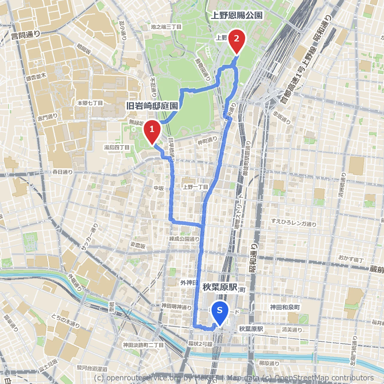 岩崎邸から上野公園へ、緑と名建築を巡る散歩道 のコースマップ