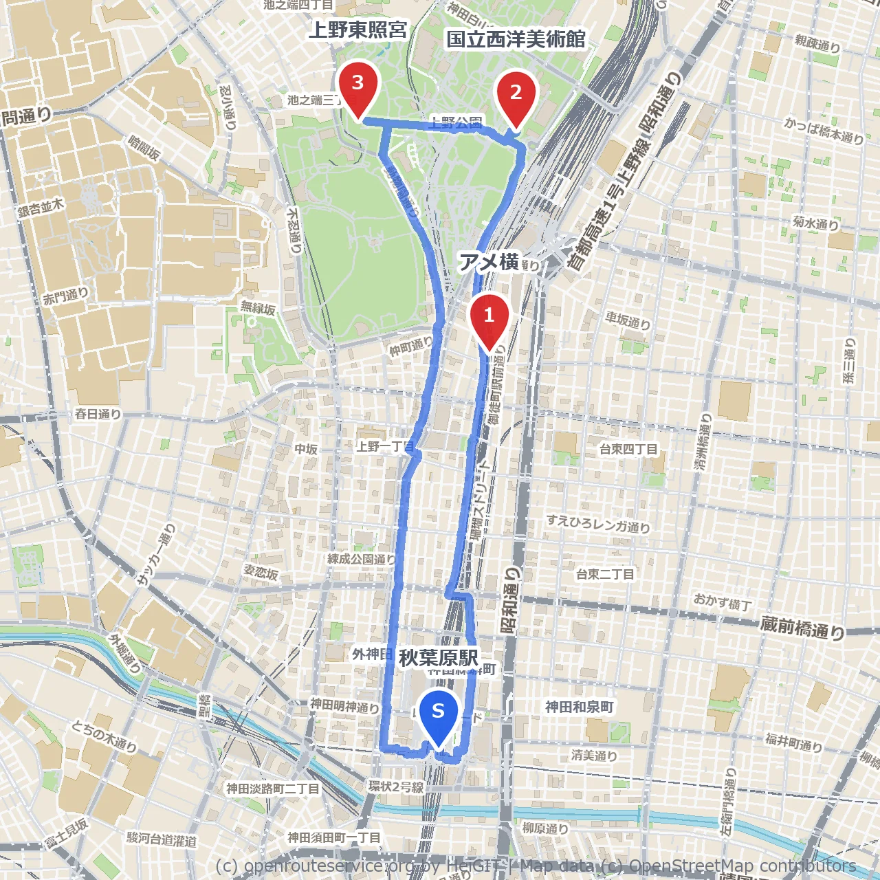 秋葉原から上野方面への散策路 のコースマップ