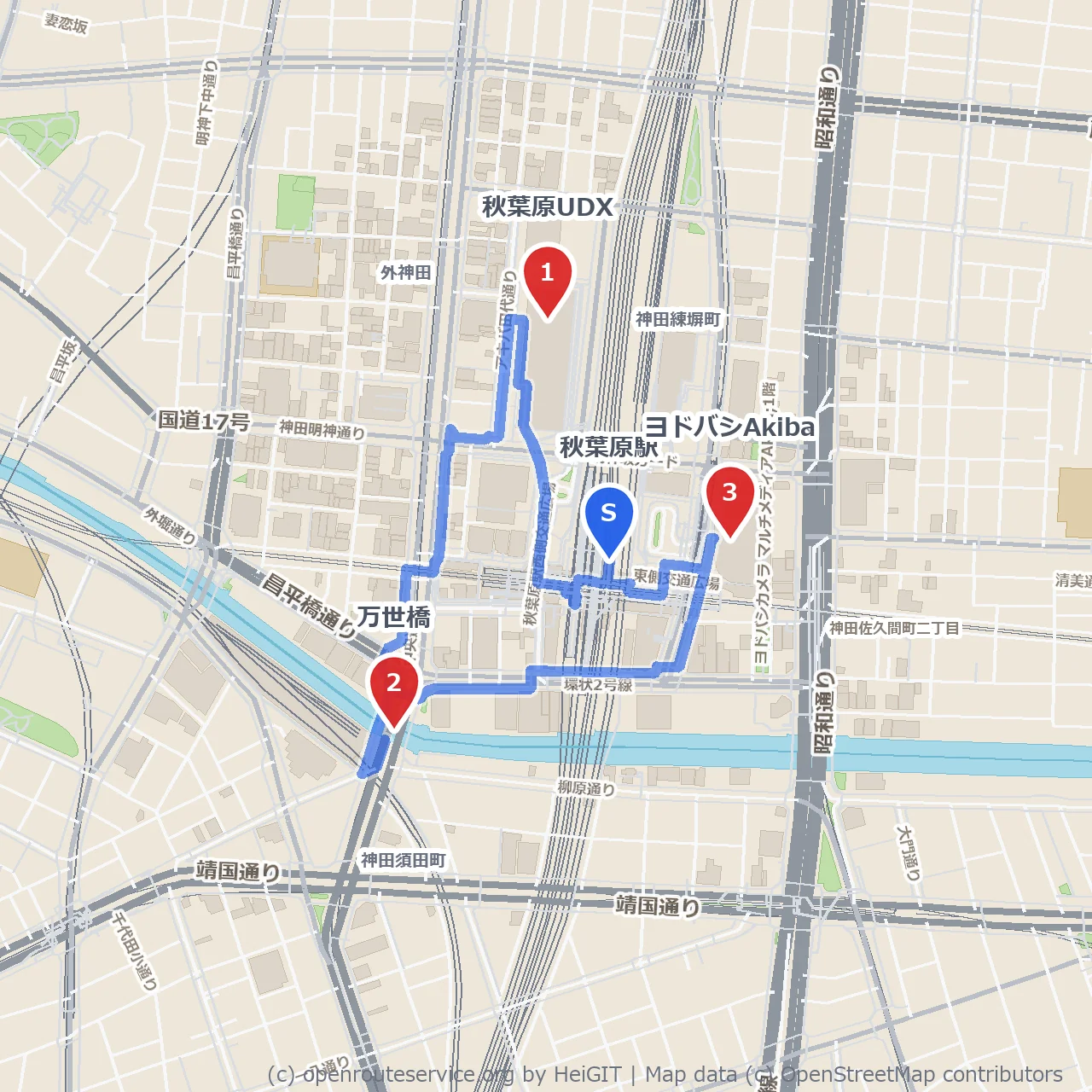 秋葉原UDXからヨドバシAkibaへ辿る街歩き散策 のコースマップ