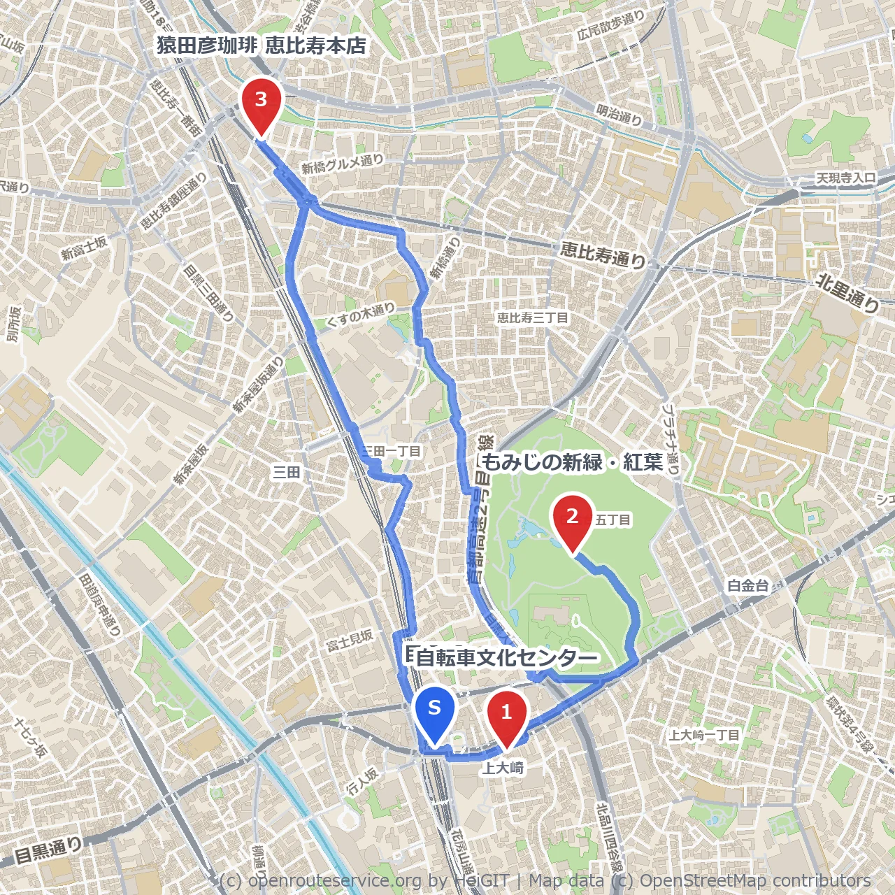 目黒発、自転車と四季のもみじ散策＆珈琲休憩 のコースマップ