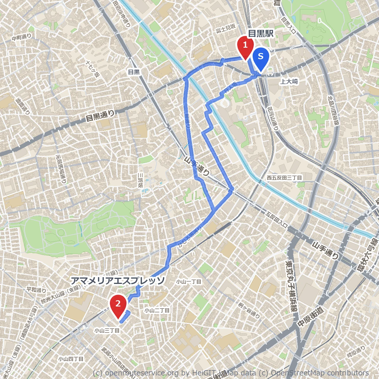 目黒の静寂と珈琲香る美術散歩道 のコースマップ