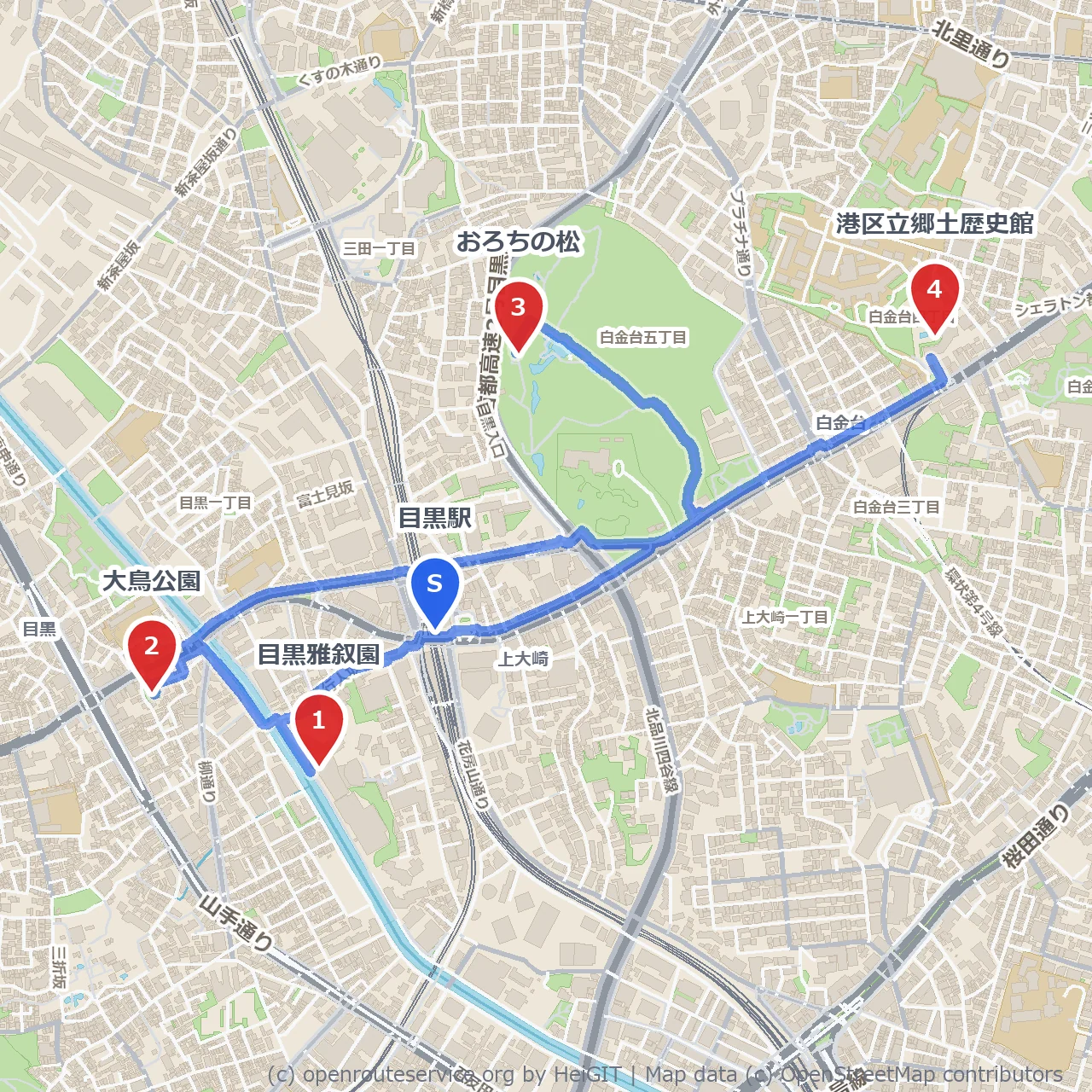 目黒の静寂と歴史を歩く散策路 のコースマップ